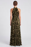 Halter Olive Floral A Line Wedding Guest Dress