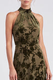 Halter Olive Floral A Line Wedding Guest Dress
