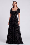 Square Neck Black Floral A Line Formal Dress