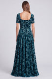 Square Neck Black Floral A Line Formal Dress