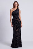 One Shoulder Mermaid Black Floral Formal Dress