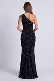 One Shoulder Mermaid Black Floral Formal Dress