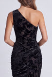 One Shoulder Mermaid Black Floral Formal Dress