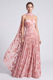 Strapless Pink Floral A Line Wedding Guest Dress