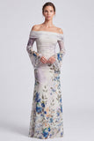 Off The Shoulder Blue Floral Mermaid Wedding Guest Dress With Long Sleeves