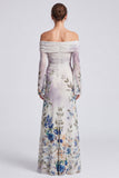 Off The Shoulder Blue Floral Mermaid Wedding Guest Dress With Long Sleeves