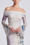 Off The Shoulder Blue Floral Mermaid Wedding Guest Dress With Long Sleeves