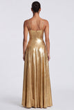 Gold Metallic A Line Spaghetti Straps Formal Dress