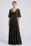 A Line Floral Olive Mother of the Bride Dress With Half Sleeves