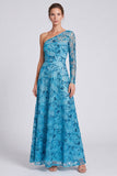 One Shoulder A Line Sequins Blue Long Sleeve Mother of the Bride Dress