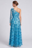 One Shoulder A Line Sequins Blue Long Sleeve Mother of the Bride Dress