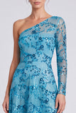 One Shoulder A Line Sequins Blue Long Sleeve Mother of the Bride Dress