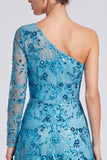 One Shoulder A Line Sequins Blue Long Sleeve Mother of the Bride Dress