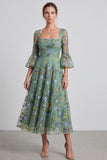 Square Neck Floral A line Dusty Green Wedding Guest Dress