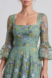 Square Neck Floral A line Dusty Green Wedding Guest Dress