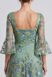 Square Neck Floral A line Dusty Green Wedding Guest Dress