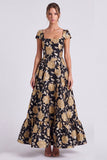 Square Neck Gold Floral A line Formal Dress
