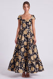 Square Neck Gold Floral A line Mother of the Bride Dress