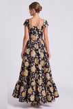 Square Neck Gold Floral A line Formal Dress