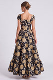 Square Neck Gold Floral A line Mother of the Bride Dress