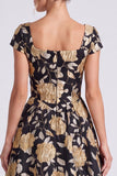 Square Neck Gold Floral A line Formal Dress