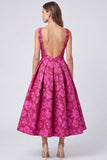 Pink Floral Boat Neck A line Wedding Guest Dress