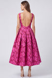 Pink Floral Boat Neck A line Fomral Dress