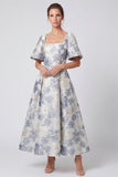 Square Neck Dusty Blue Floral A line Wedding Guest Dress
