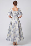 Square Neck Dusty Blue Floral A line Wedding Guest Dress
