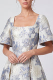 Square Neck Dusty Blue Floral A line Wedding Guest Dress