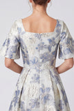 Square Neck Dusty Blue Floral A line Wedding Guest Dress