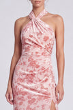 Halter Sheath Yellow Floral Wedding Guest Dress