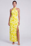 Halter Sheath Yellow Floral Wedding Guest Dress