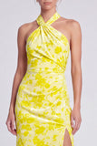 Halter Sheath Yellow Floral Wedding Guest Dress