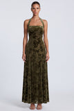 Halter Olive A Line Floral Wedding Guest Dress