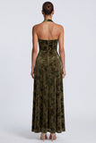Halter Olive A Line Floral Wedding Guest Dress