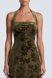 Halter Olive A Line Floral Wedding Guest Dress