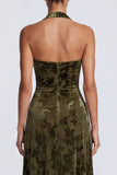 Halter Olive A Line Floral Wedding Guest Dress