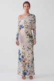 Blue Floral Mermaid One Shoulder Wedding Guest Dress With Long Sleeves