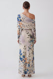Blue Floral Mermaid One Shoulder Wedding Guest Dress With Long Sleeves