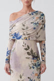 Blue Floral Mermaid One Shoulder Wedding Guest Dress With Long Sleeves