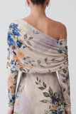 Blue Floral Mermaid One Shoulder Wedding Guest Dress With Long Sleeves