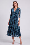 V-Neck Peacock Blue Floral A Line Mother of the Bride Dress
