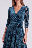 V-Neck Peacock Blue Floral A Line Mother of the Bride Dress