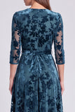 V-Neck Peacock Blue Floral A Line Mother of the Bride Dress