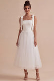 Square Neck A Line Midi White Dress
