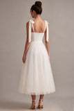 Square Neck A Line Midi White Dress