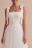Square Neck A Line Midi White Dress
