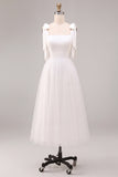 Square Neck A Line Midi White Dress