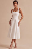 A Line Halter Midi White Dress